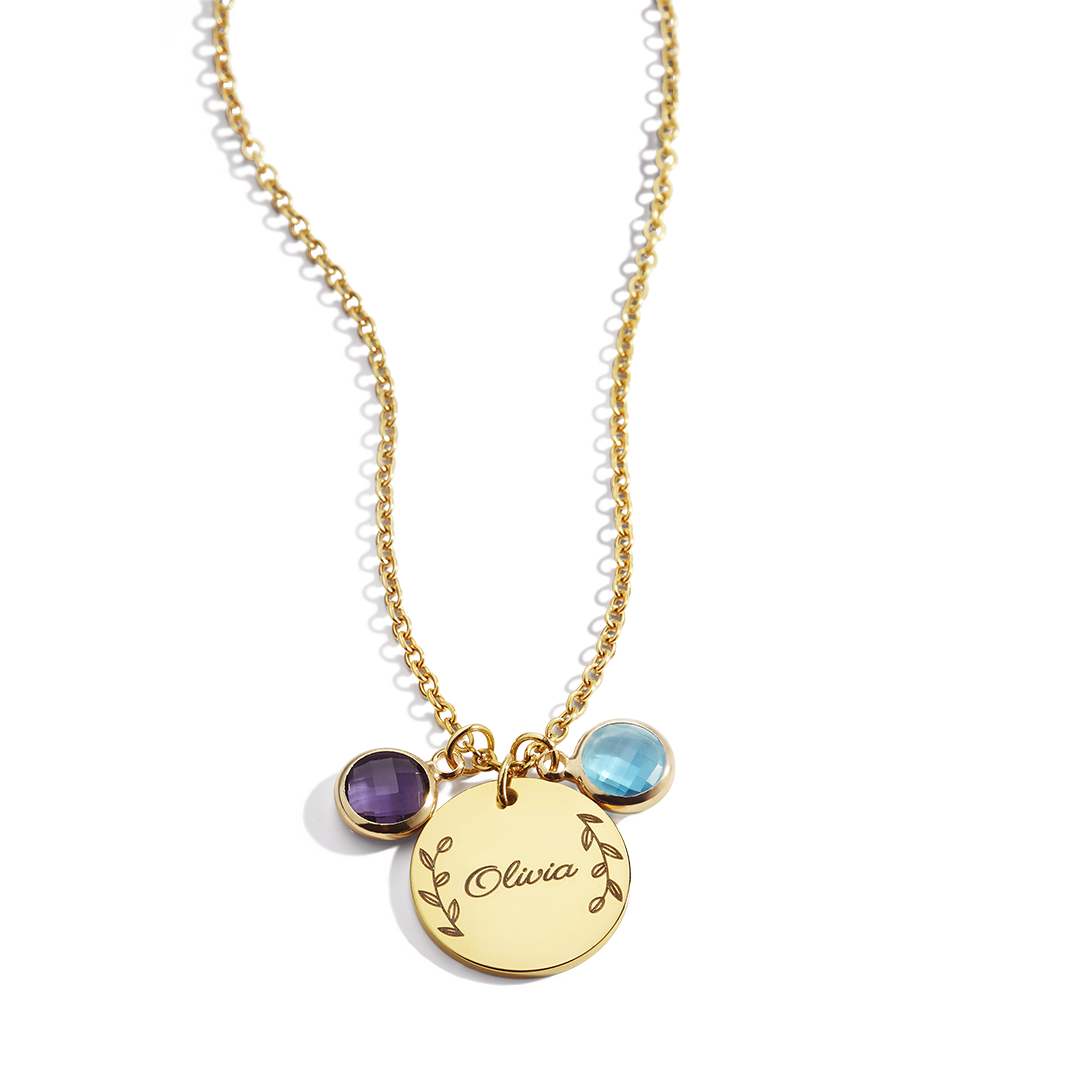 Engraved Birthstone Pendant Necklace with Leaves