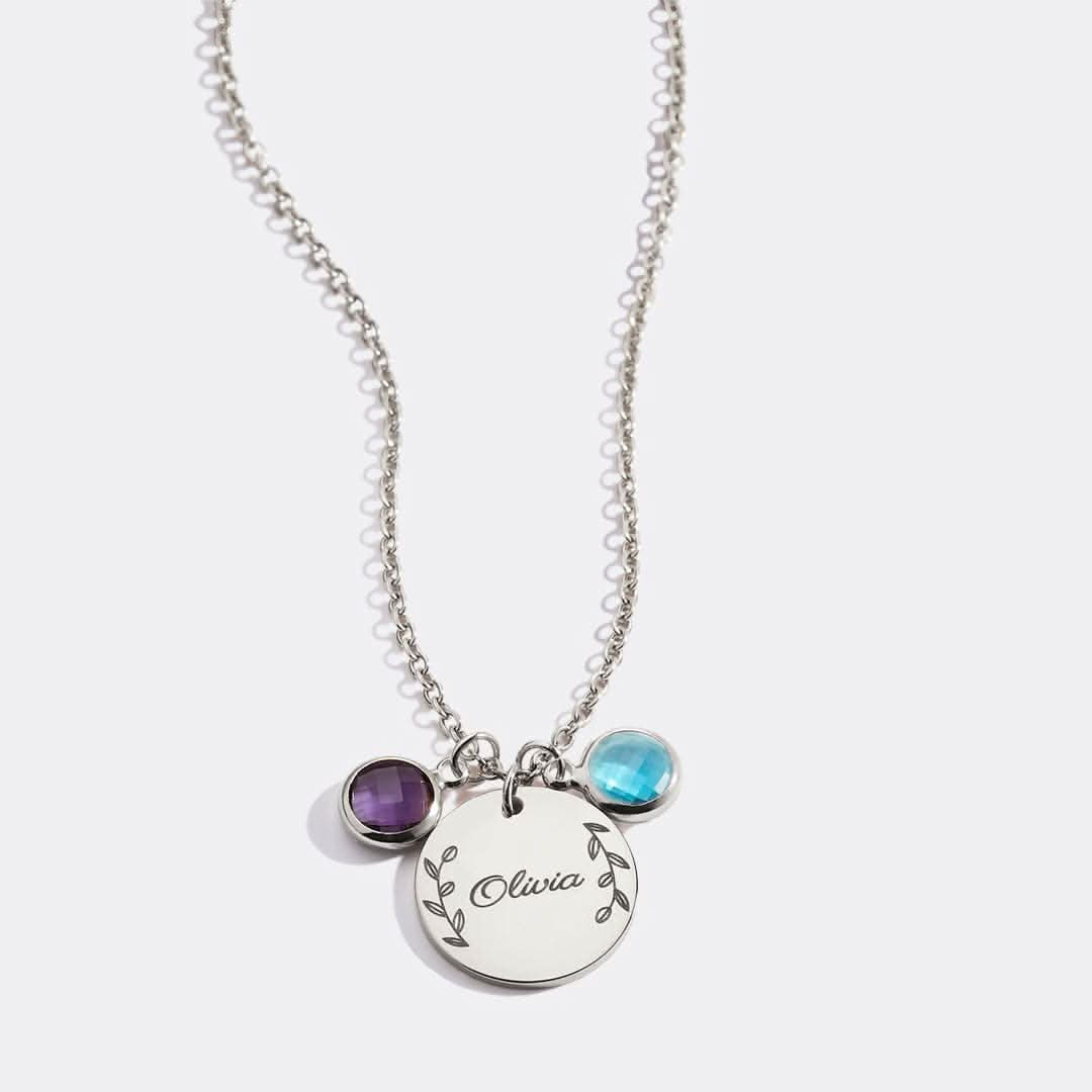 Engraved Birthstone Pendant Necklace with Leaves