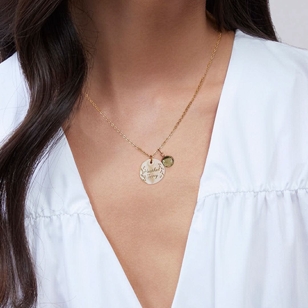 Engraved Birthstone Pendant Necklace with Leaves
