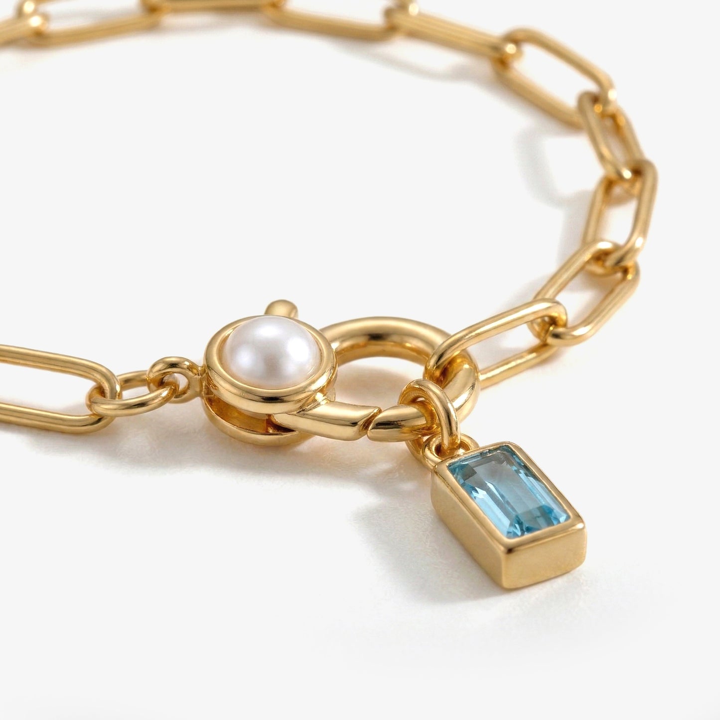 Bracciale Paperclip con Perla e Ciondolo Pietra di Nascita Baguette