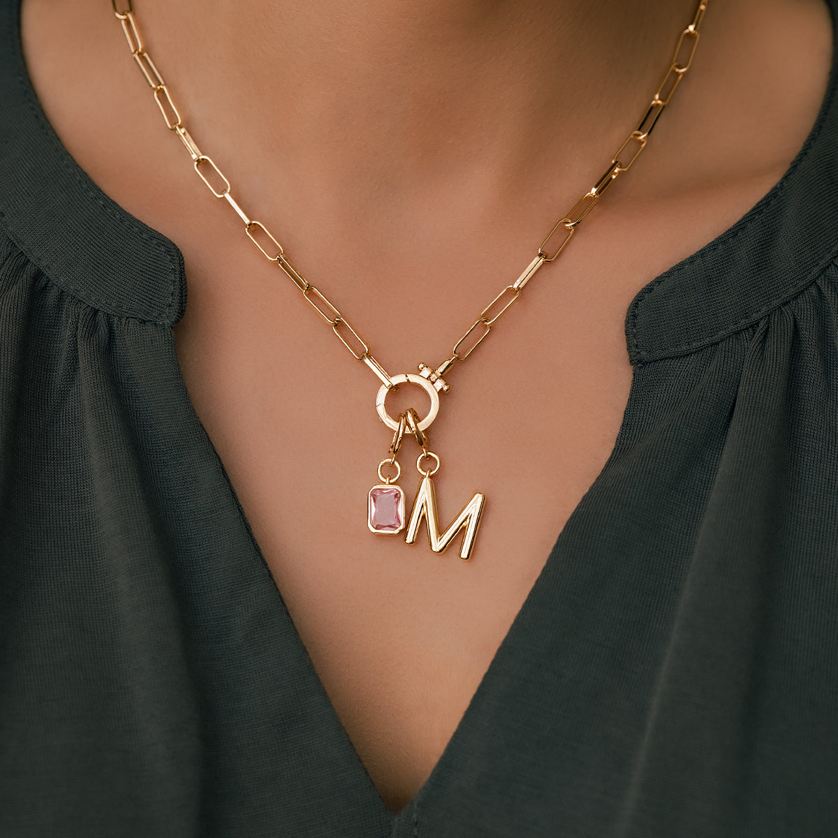 Collana Fermacarte Verde Menta con Iniziale e Ciondolo Pietra di Nascita