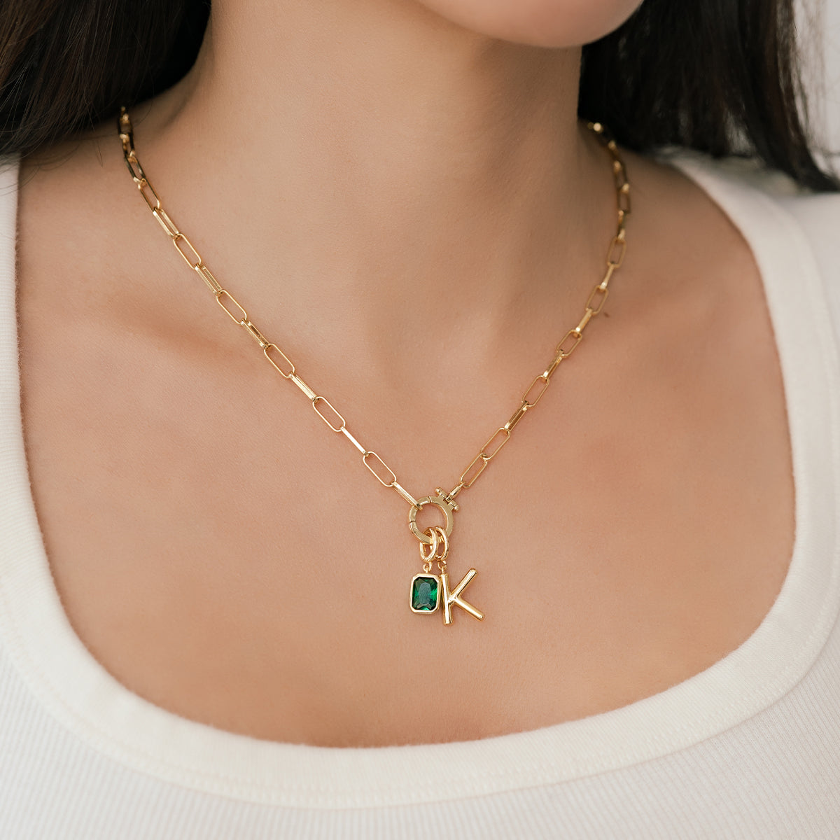 Collana Fermacarte Verde Menta con Iniziale e Ciondolo Pietra di Nascita