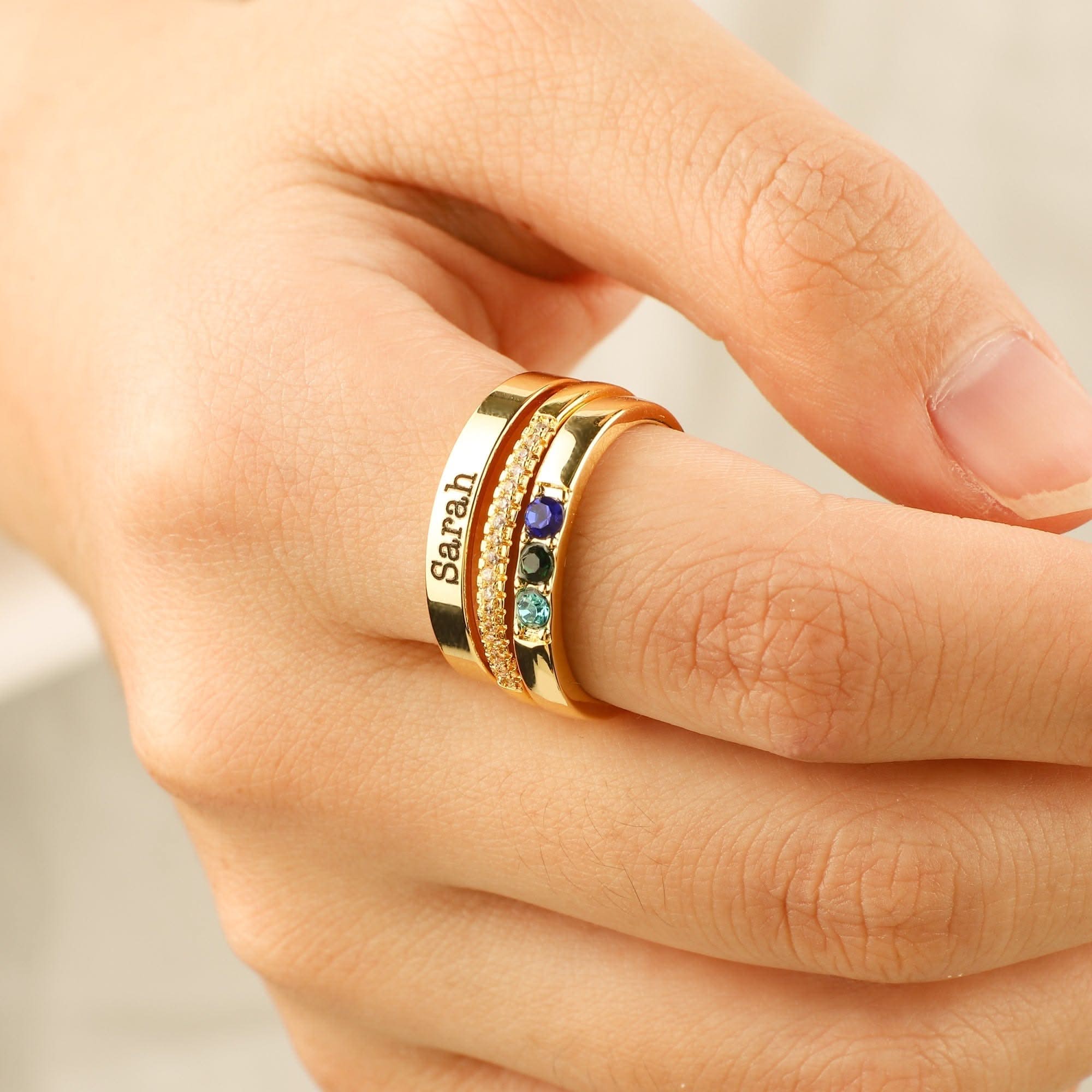 Personalized stackable rings with name and birthstones