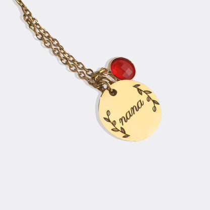 Engraved Birthstone Pendant Necklace with Leaves