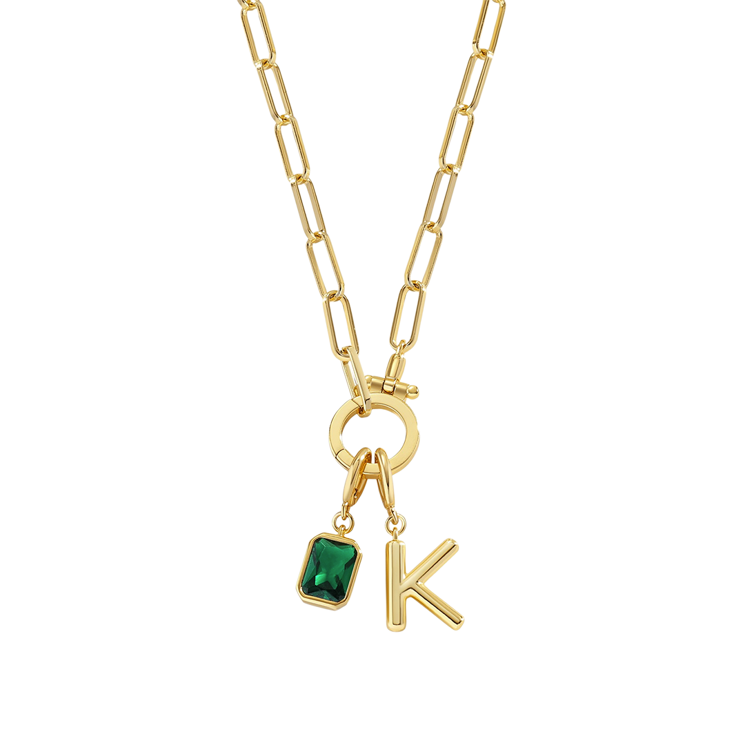 Collana Fermacarte Verde Menta con Iniziale e Ciondolo Pietra di Nascita