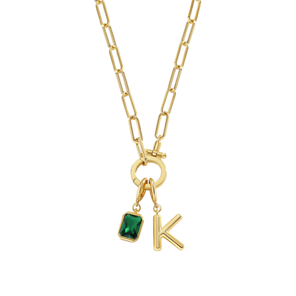 Collana Fermacarte Verde Menta con Iniziale e Ciondolo Pietra di Nascita