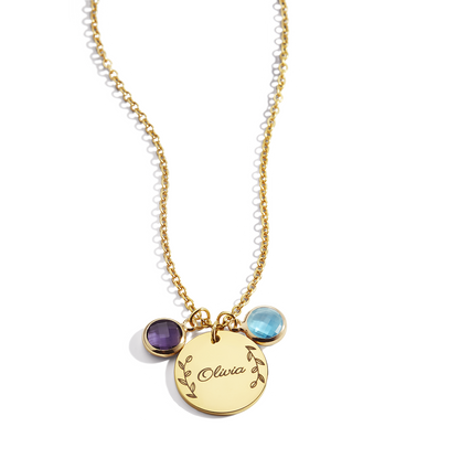Engraved Birthstone Pendant Necklace with Leaves