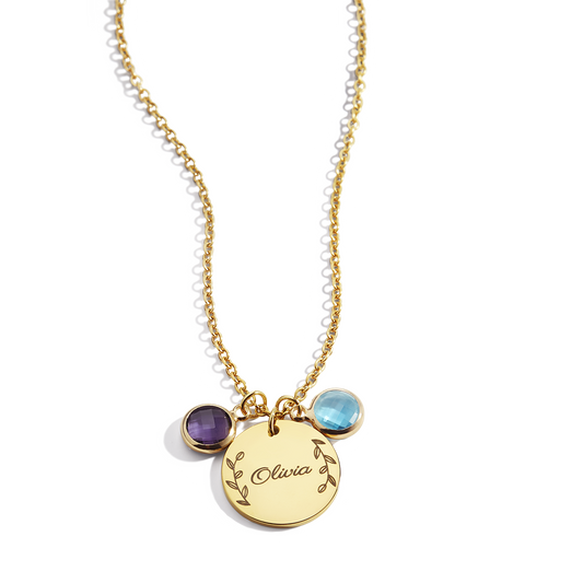Engraved Birthstone Pendant Necklace with Leaves