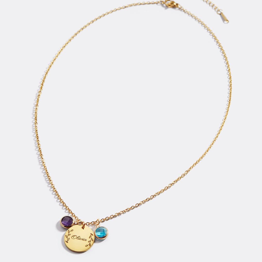 Engraved Birthstone Pendant Necklace with Leaves