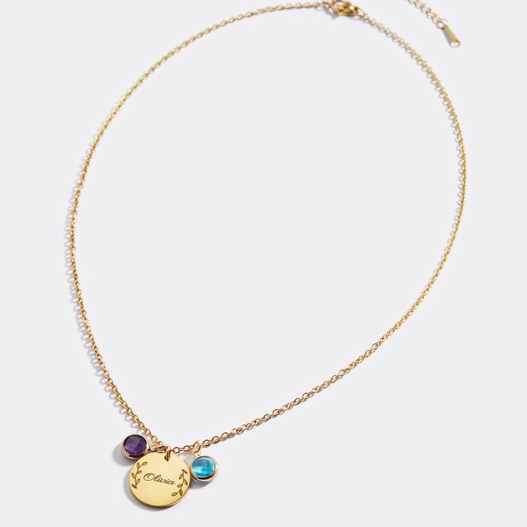 Engraved Birthstone Pendant Necklace with Leaves