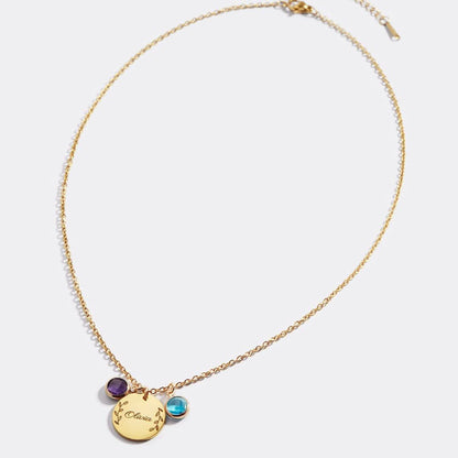Engraved Birthstone Pendant Necklace with Leaves