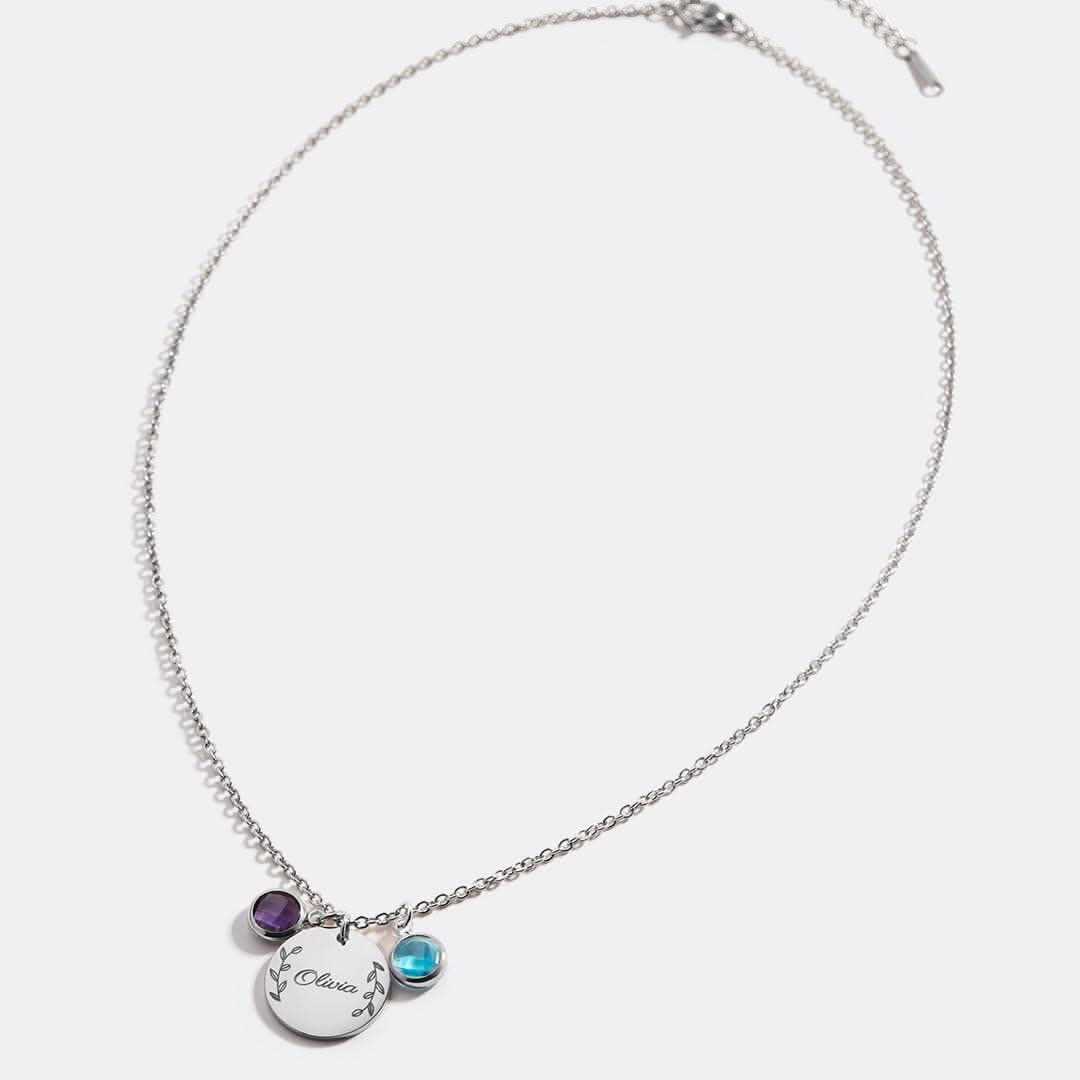 Engraved Birthstone Pendant Necklace with Leaves