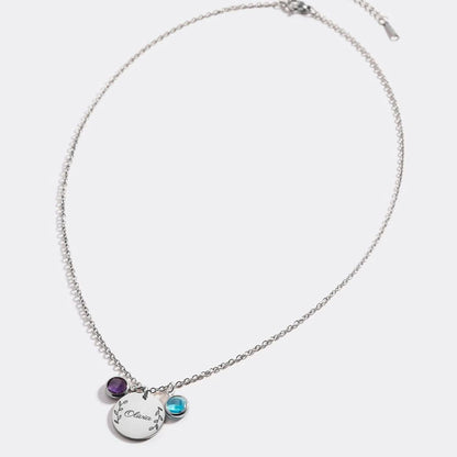 Engraved Birthstone Pendant Necklace with Leaves