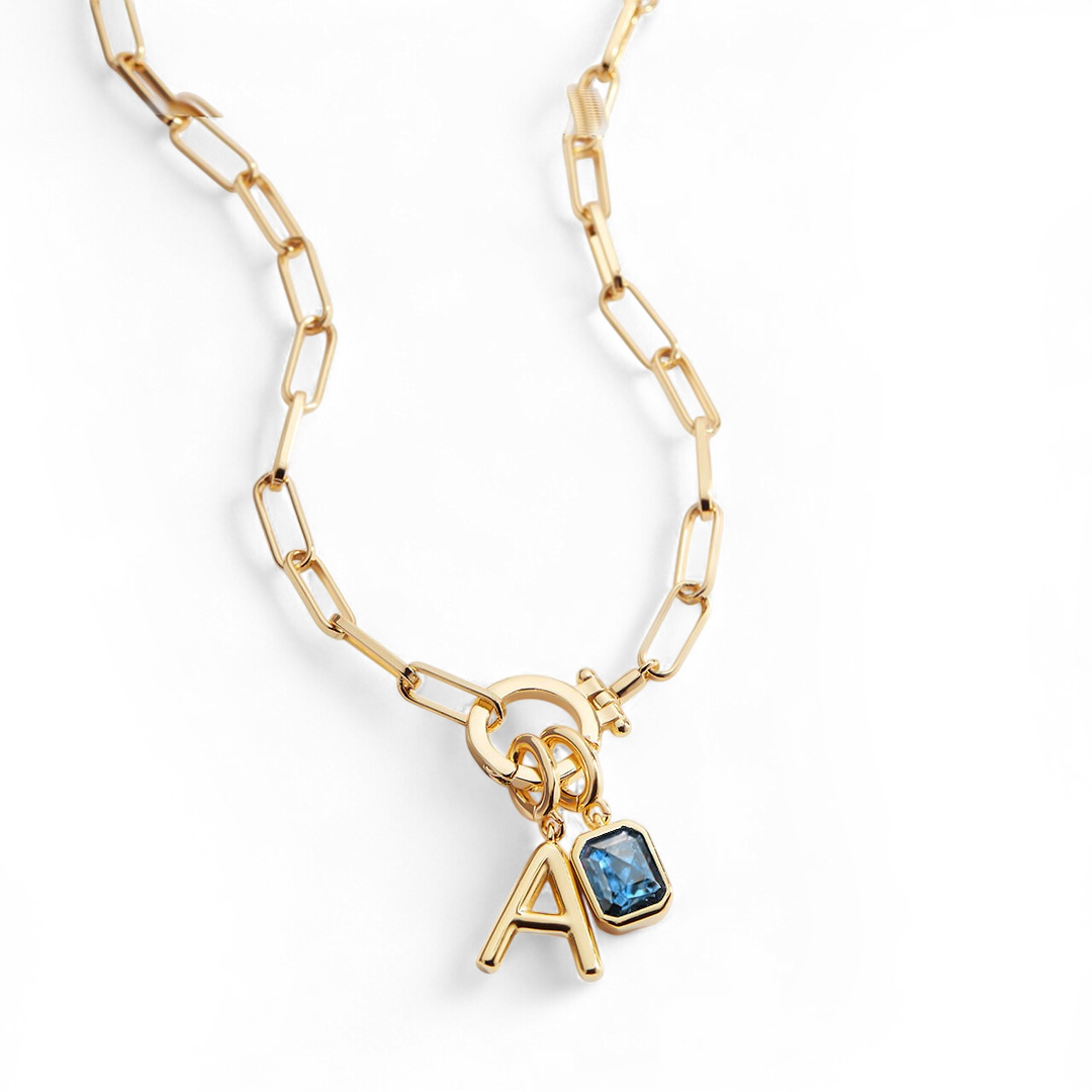 Collana Fermacarte Verde Menta con Iniziale e Ciondolo Pietra di Nascita