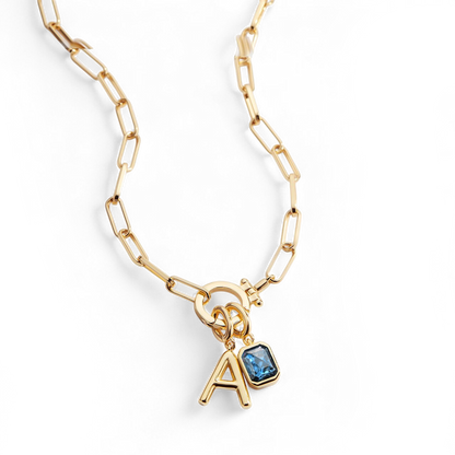Collana Fermacarte Verde Menta con Iniziale e Ciondolo Pietra di Nascita