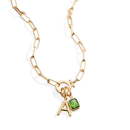 Collana Fermacarte Verde Menta con Iniziale e Ciondolo Pietra di Nascita