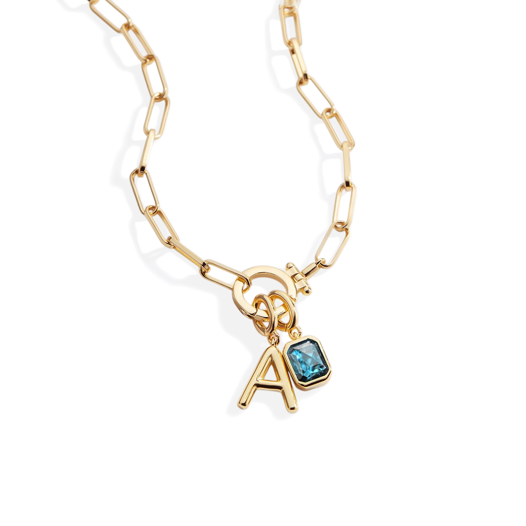 Collana Fermacarte Verde Menta con Iniziale e Ciondolo Pietra di Nascita