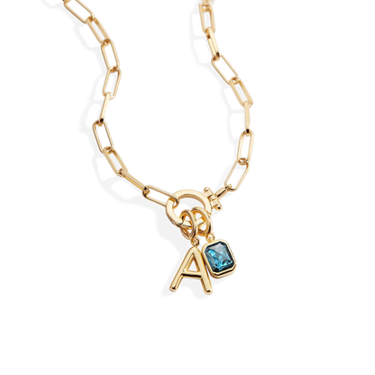 Collana Fermacarte Verde Menta con Iniziale e Ciondolo Pietra di Nascita