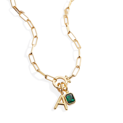 Collana Fermacarte Verde Menta con Iniziale e Ciondolo Pietra di Nascita