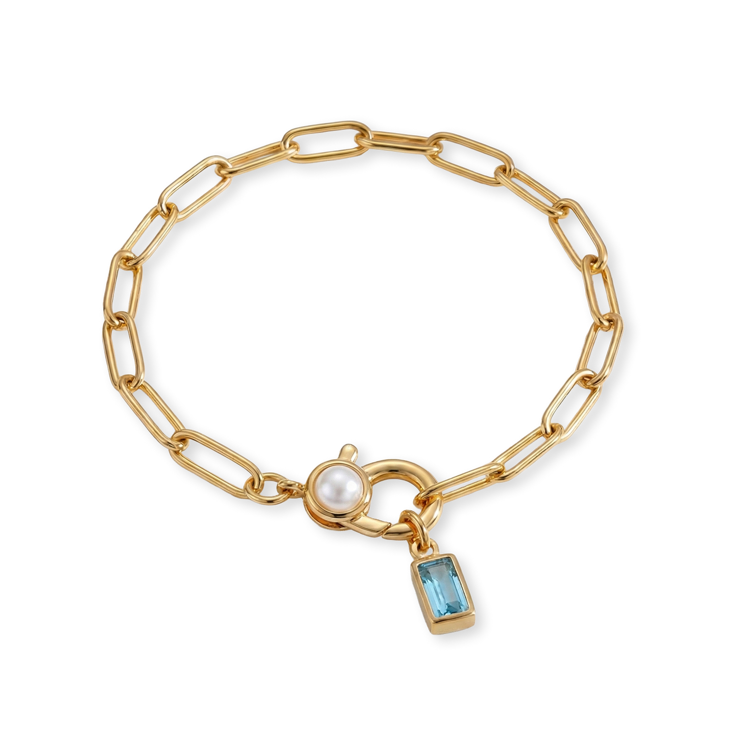 Bracciale Paperclip con Perla e Ciondolo Pietra di Nascita Baguette