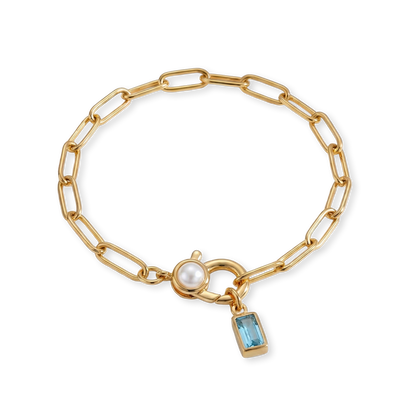 Bracciale Paperclip con Perla e Ciondolo Pietra di Nascita Baguette