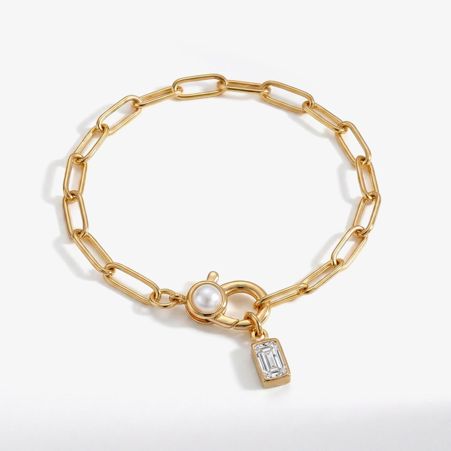 Bracciale Paperclip con Perla e Ciondolo Pietra di Nascita Baguette