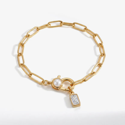 Bracciale Paperclip con Perla e Ciondolo Pietra di Nascita Baguette