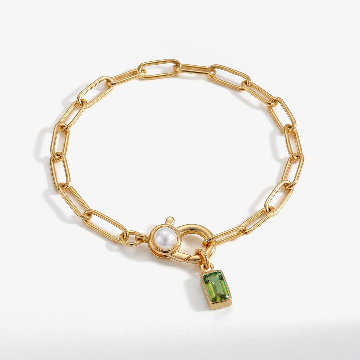 Bracciale Paperclip con Perla e Ciondolo Pietra di Nascita Baguette