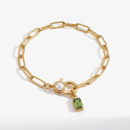 Bracciale Paperclip con Perla e Ciondolo Pietra di Nascita Baguette