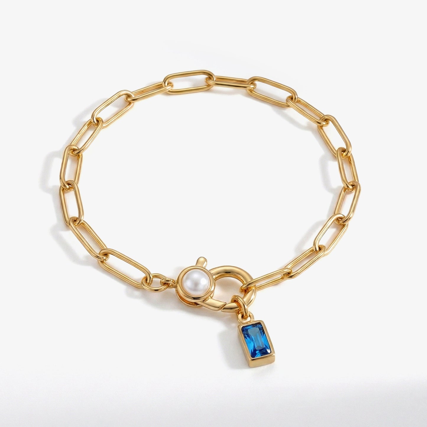 Bracciale Paperclip con Perla e Ciondolo Pietra di Nascita Baguette
