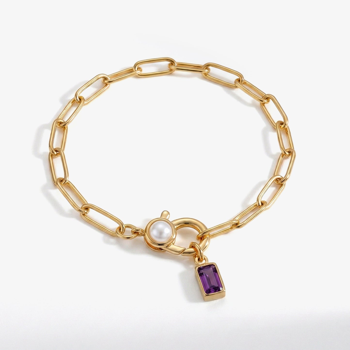 Bracciale Paperclip con Perla e Ciondolo Pietra di Nascita Baguette