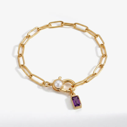 Bracciale Paperclip con Perla e Ciondolo Pietra di Nascita Baguette
