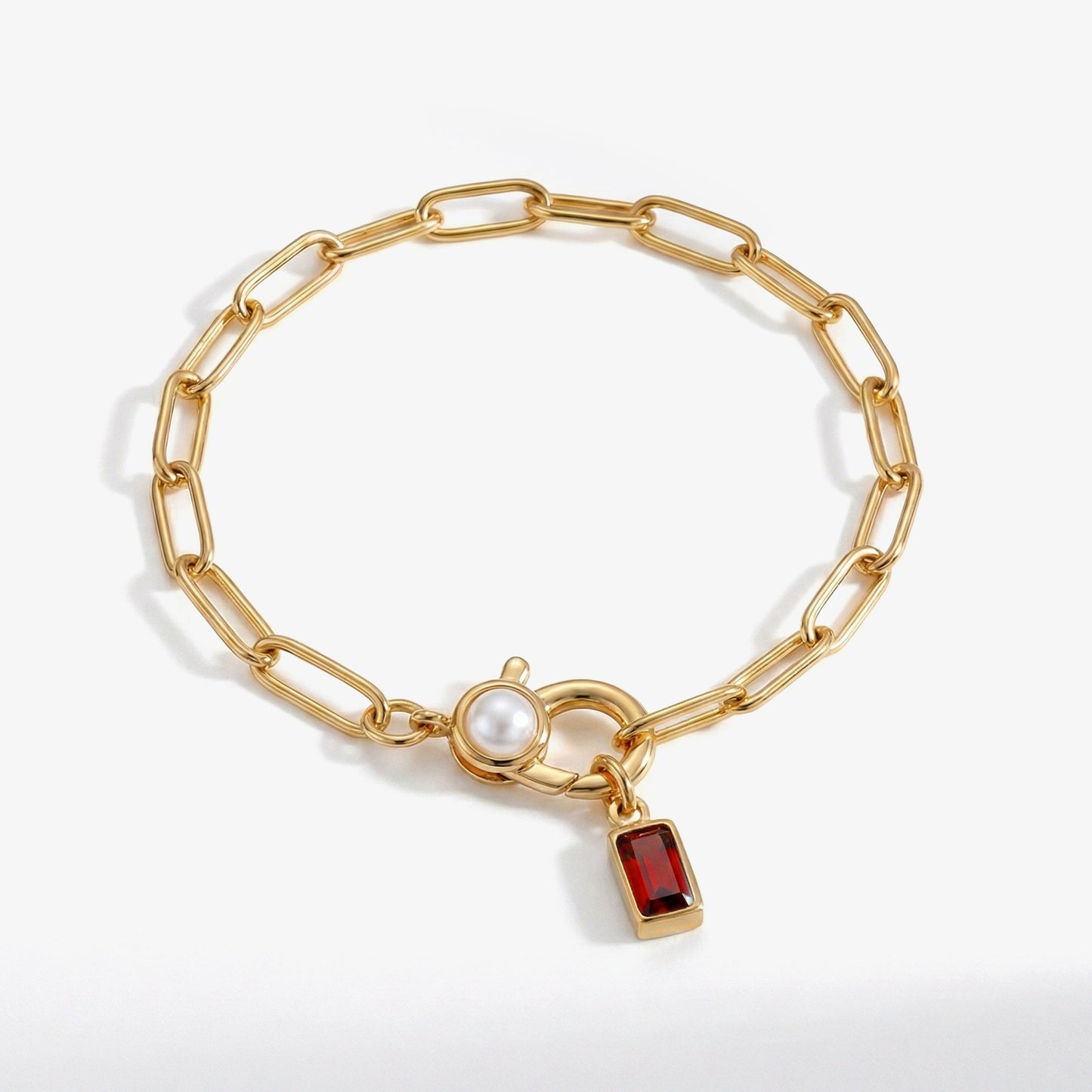Bracciale Paperclip con Perla e Ciondolo Pietra di Nascita Baguette