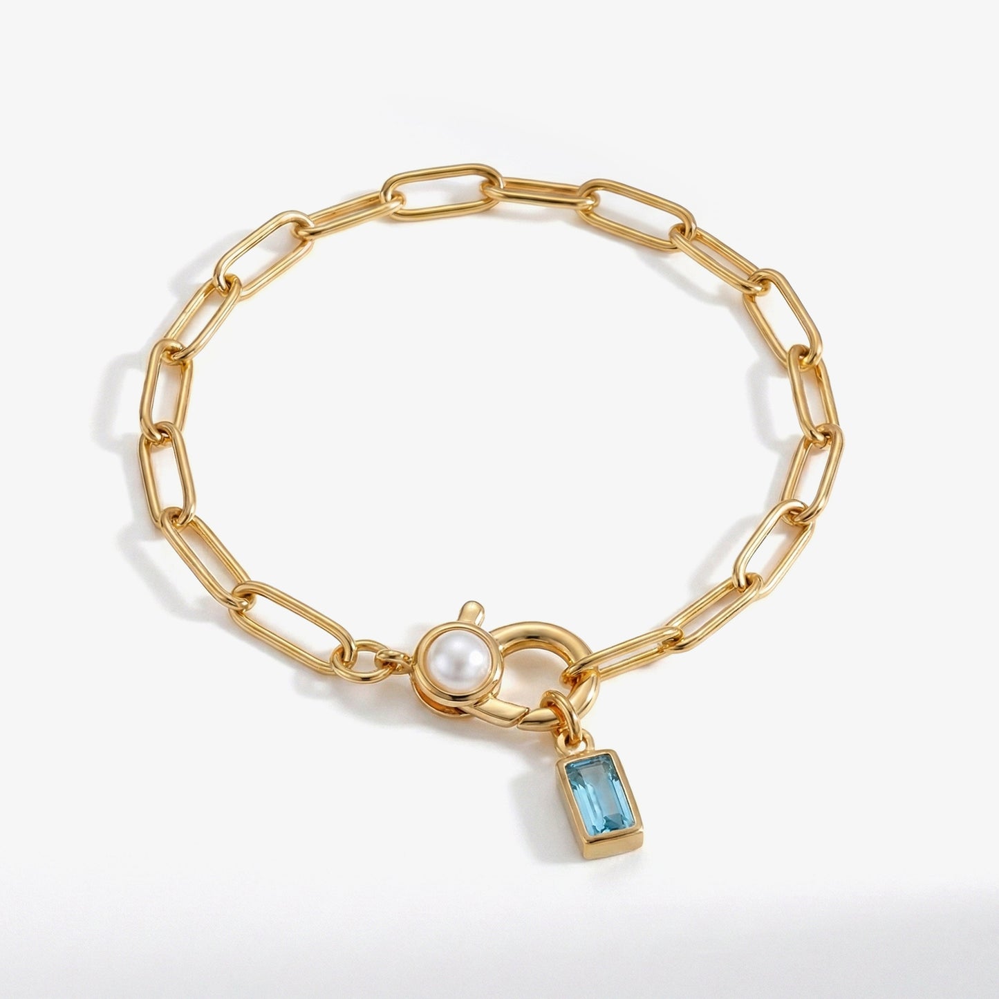 Bracciale Paperclip con Perla e Ciondolo Pietra di Nascita Baguette
