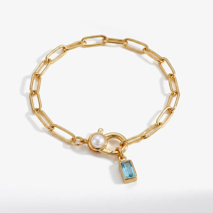 Bracciale Paperclip con Perla e Ciondolo Pietra di Nascita Baguette
