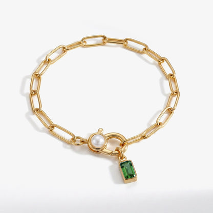 Bracciale Paperclip con Perla e Ciondolo Pietra di Nascita Baguette