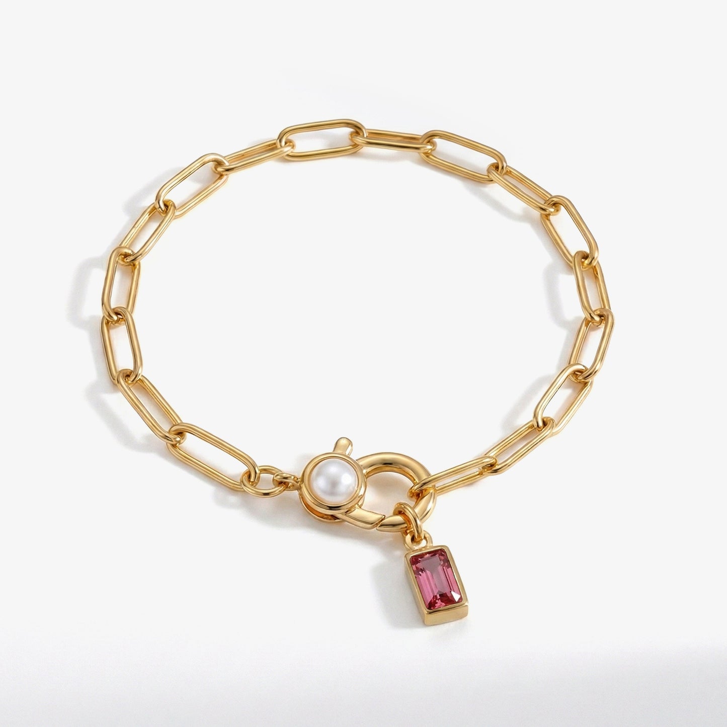 Bracciale Paperclip con Perla e Ciondolo Pietra di Nascita Baguette
