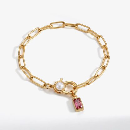Bracciale Paperclip con Perla e Ciondolo Pietra di Nascita Baguette