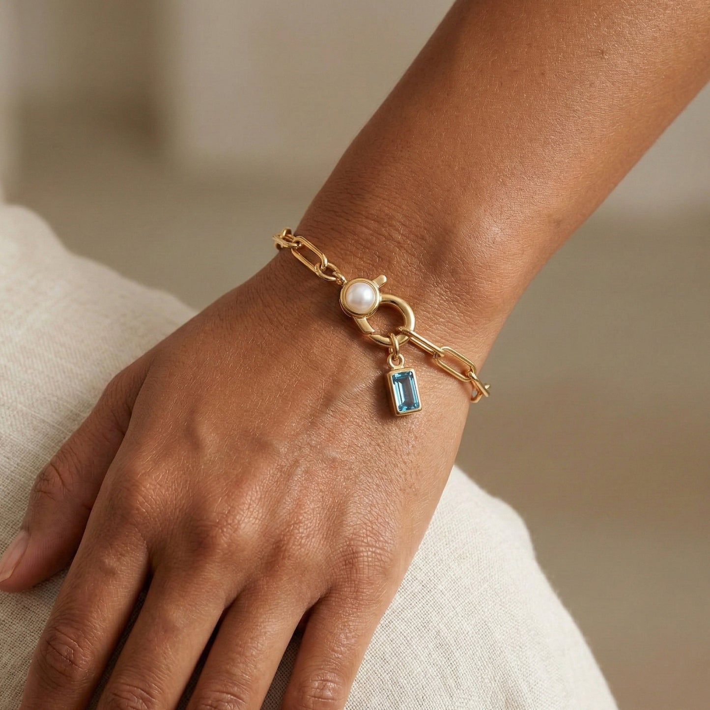 Bracciale Paperclip con Perla e Ciondolo Pietra di Nascita Baguette