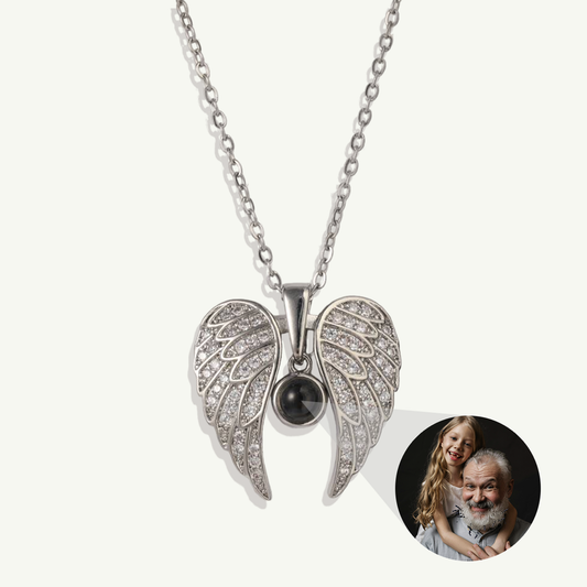 Memorial photo necklace with sparkling angel wings