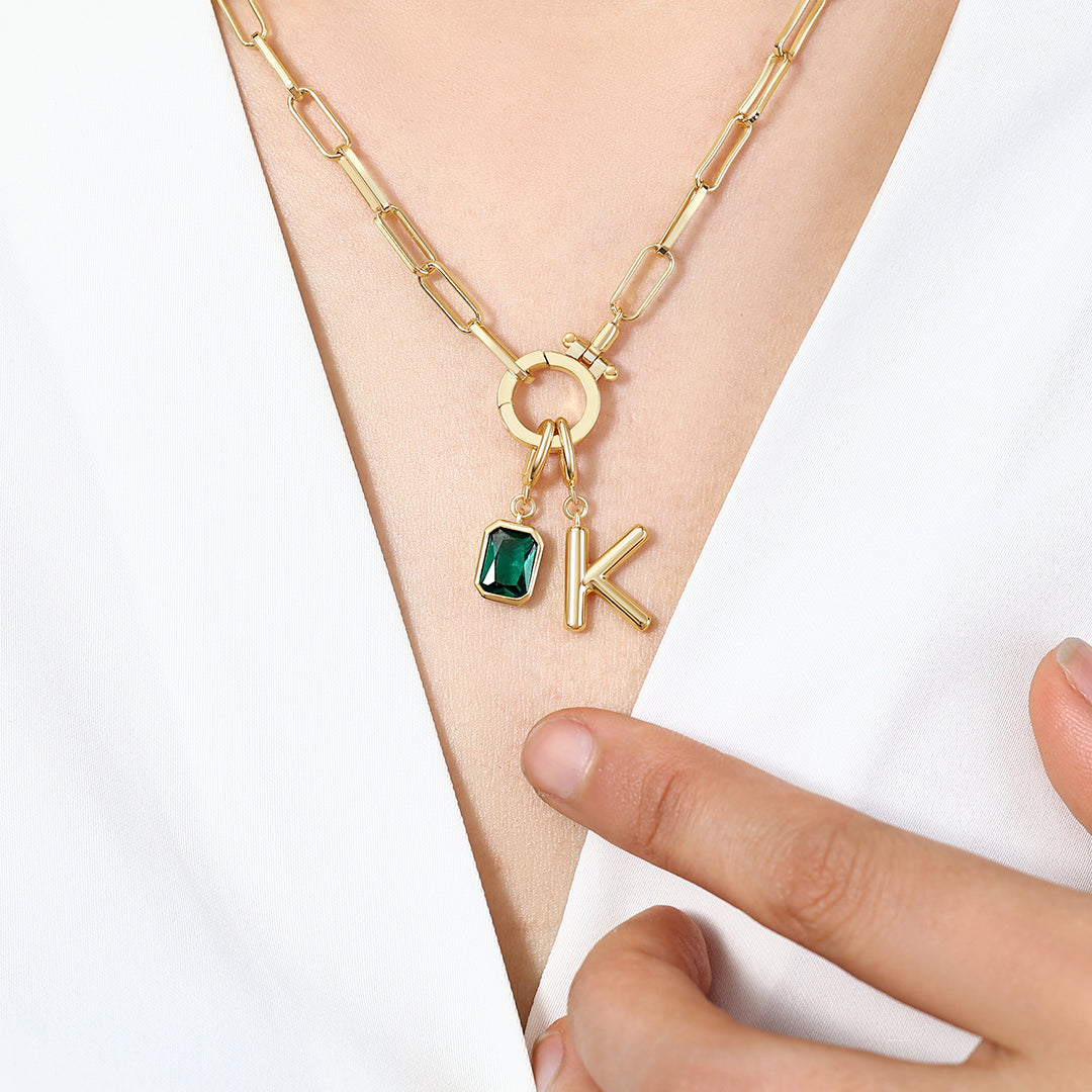 Collana Fermacarte Verde Menta con Iniziale e Ciondolo Pietra di Nascita