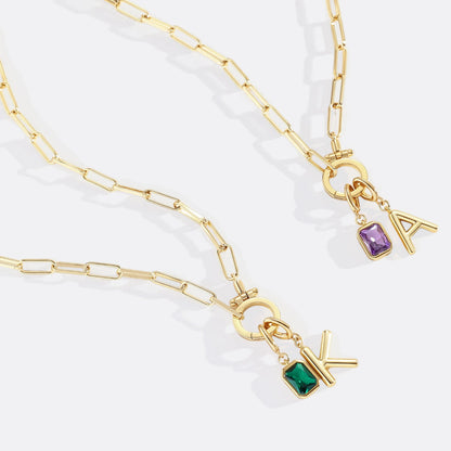 Collana Fermacarte Verde Menta con Iniziale e Ciondolo Pietra di Nascita