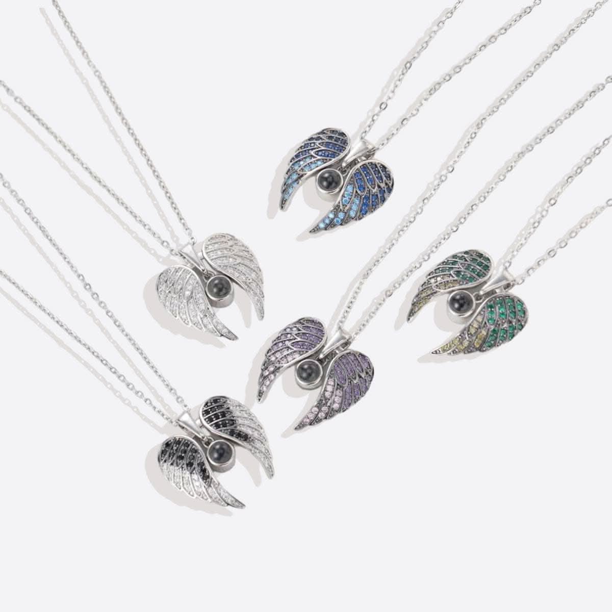 Memorial photo necklace with sparkling angel wings
