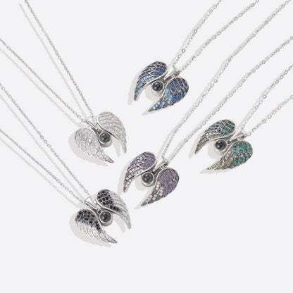 Memorial photo necklace with sparkling angel wings