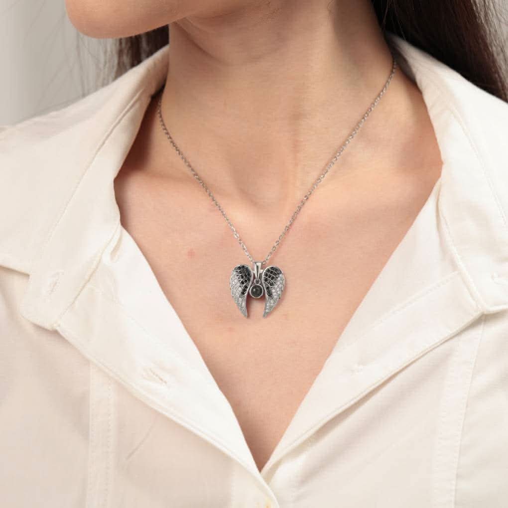 Memorial photo necklace with sparkling angel wings