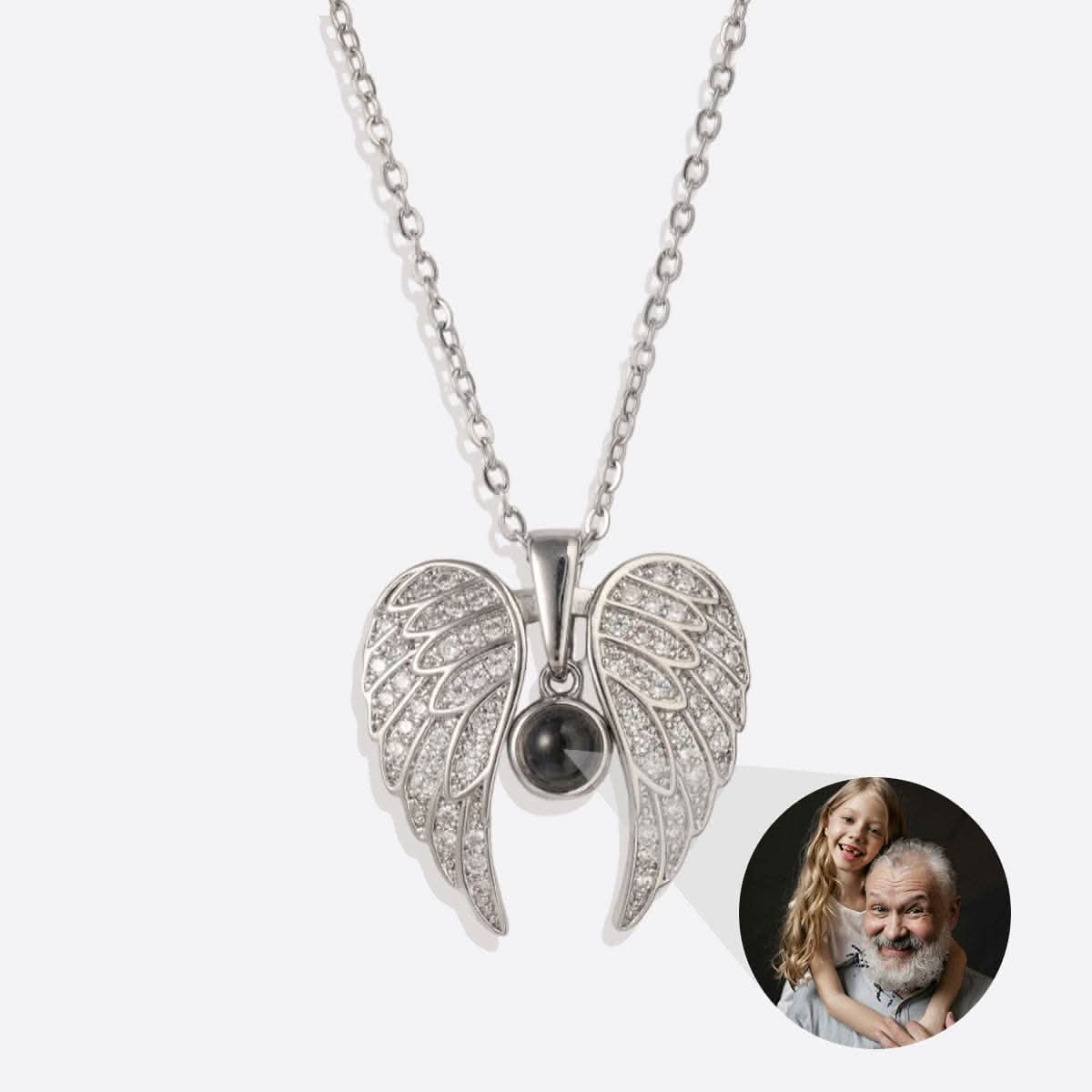 Memorial photo necklace with sparkling angel wings