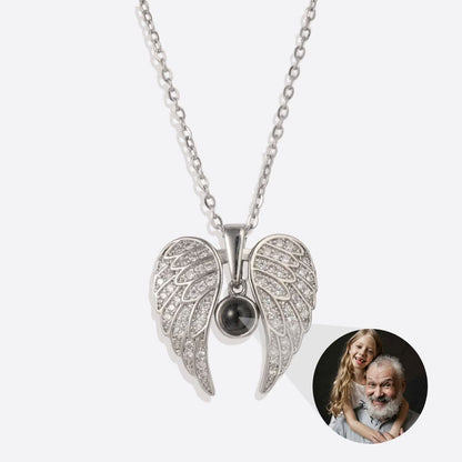 Memorial photo necklace with sparkling angel wings